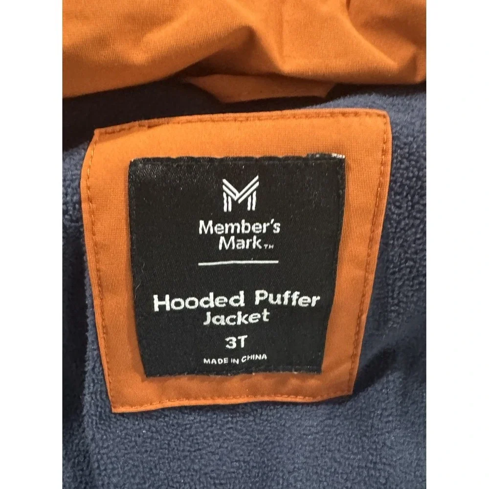 Member's Mark Puffer Jacket Boys 3T Navy Blue Orange Fleece Lined Hooded Coat